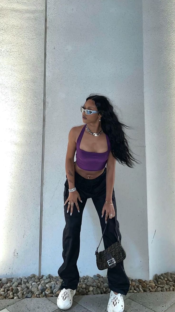 Purple Halter Top with Black Pants